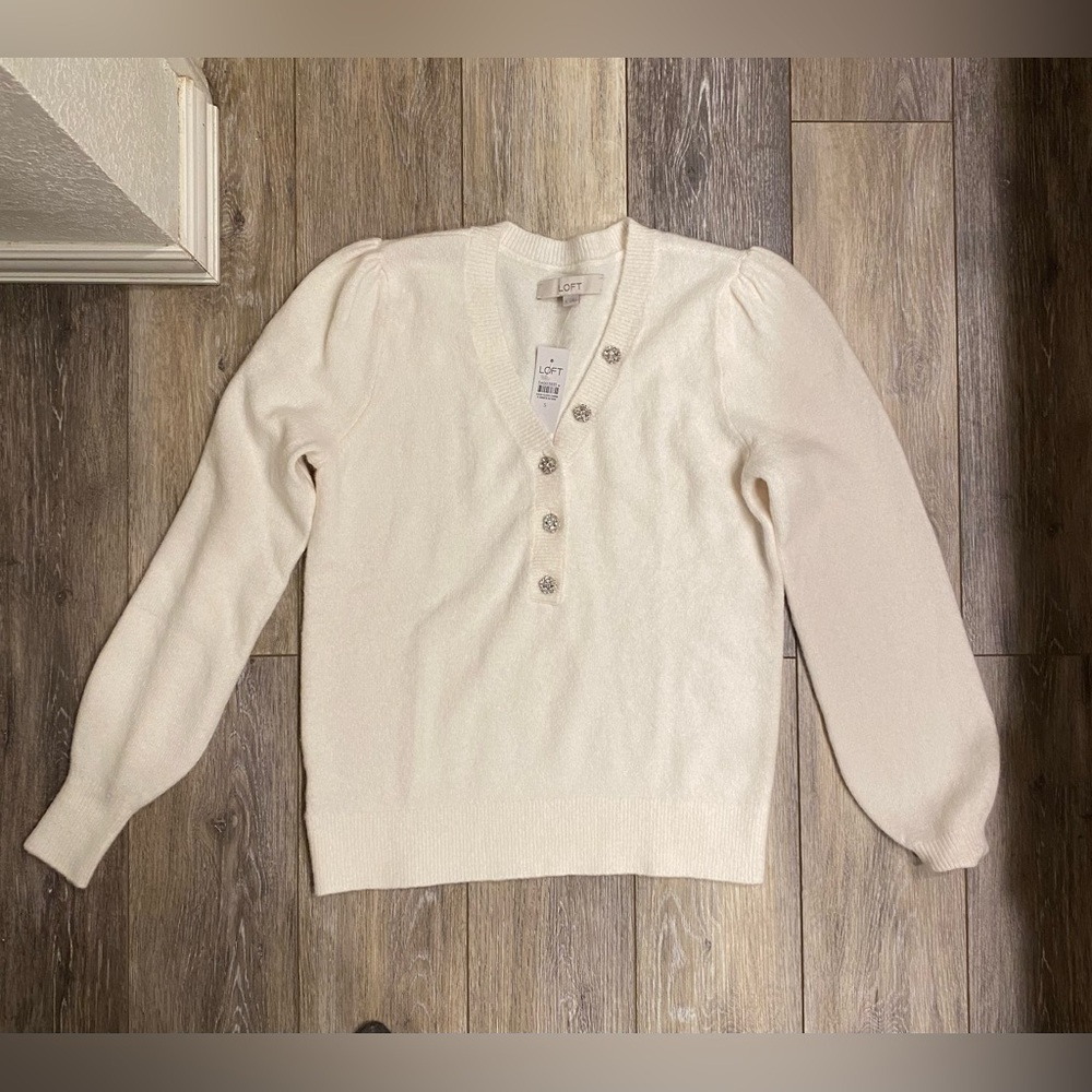 NWT Loft Jeweled Button Henley Sweater Whisper White Small